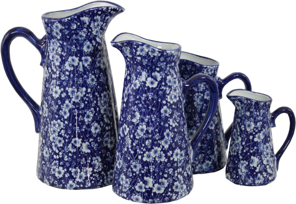 Set of 4 Ceramic Jugs, Vintage Blue & White Daisies Design