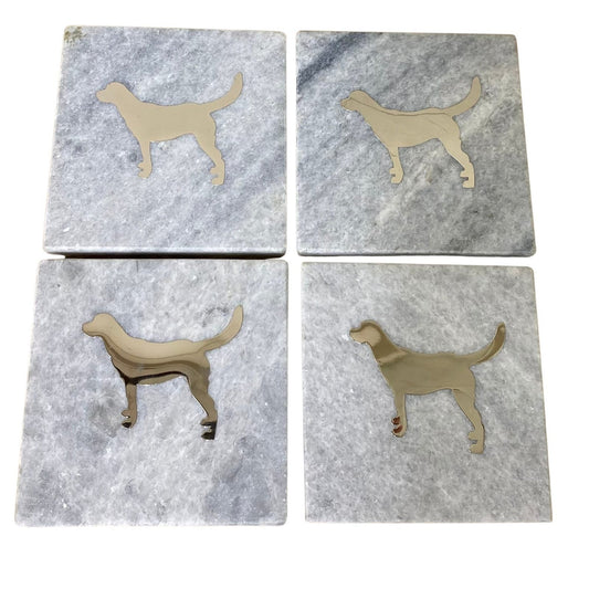 Four Square White Marble Coasters With Gold Dog Design