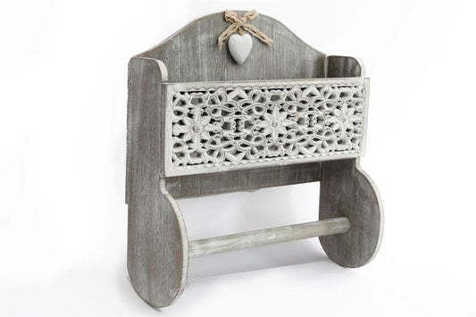 Grey Wooden Kitchen Towel Holder With Cutout Pattern Shelf